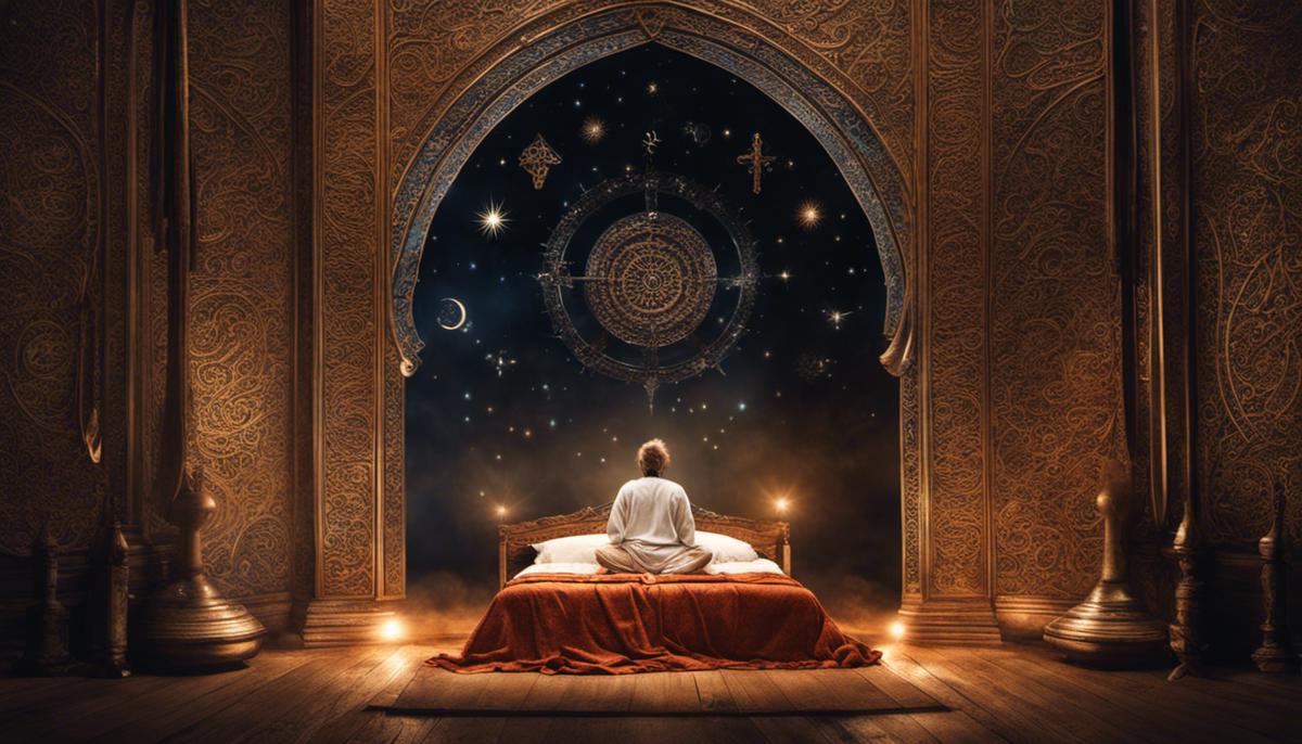 Image depicting a person waking up at 3AM and surrounded by spiritual symbols.