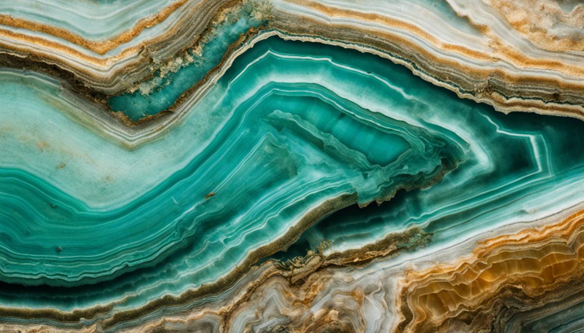 A close-up image of a amazonite stone showing its vibrant blue-green color and unique patterns, symbolizing harmony and balance.